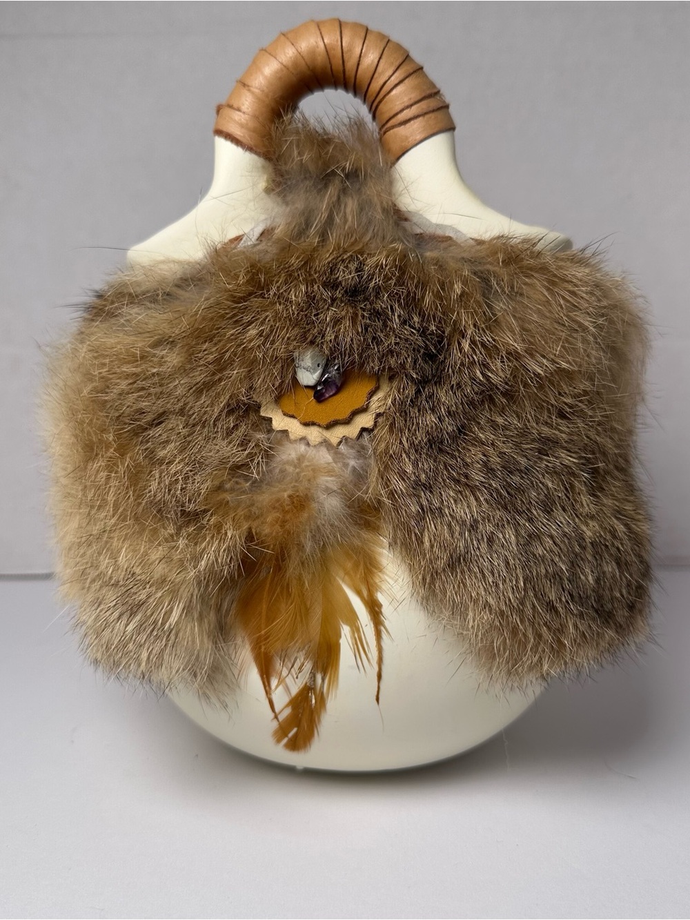 Vintage Native American Wedding Vase Pottery Feather Beaded Faux Leather & Fur